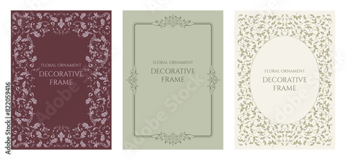 Set of cards with frame. Classic floral pattern. Template for invitations, certificates.