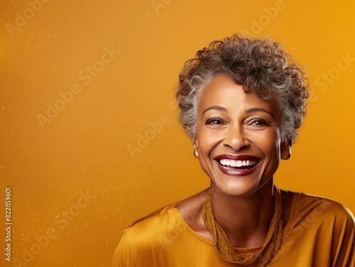 Gold Background Happy black american independant powerful Woman realistic person portrait of older mid aged person beautiful Smiling girl Isolated 