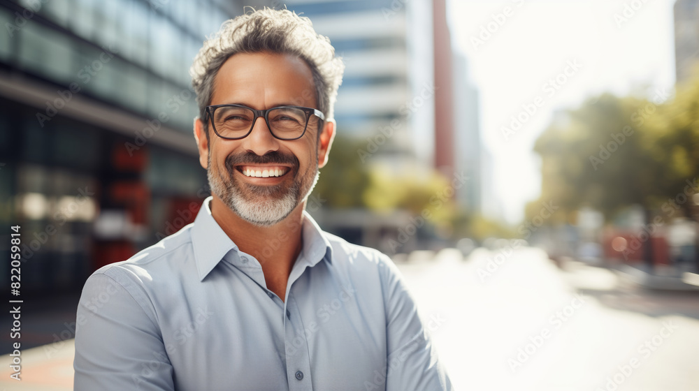 Fototapeta premium Confident happy smiling mature Hispanic entrepreneur standing in sunny city and looking at camera