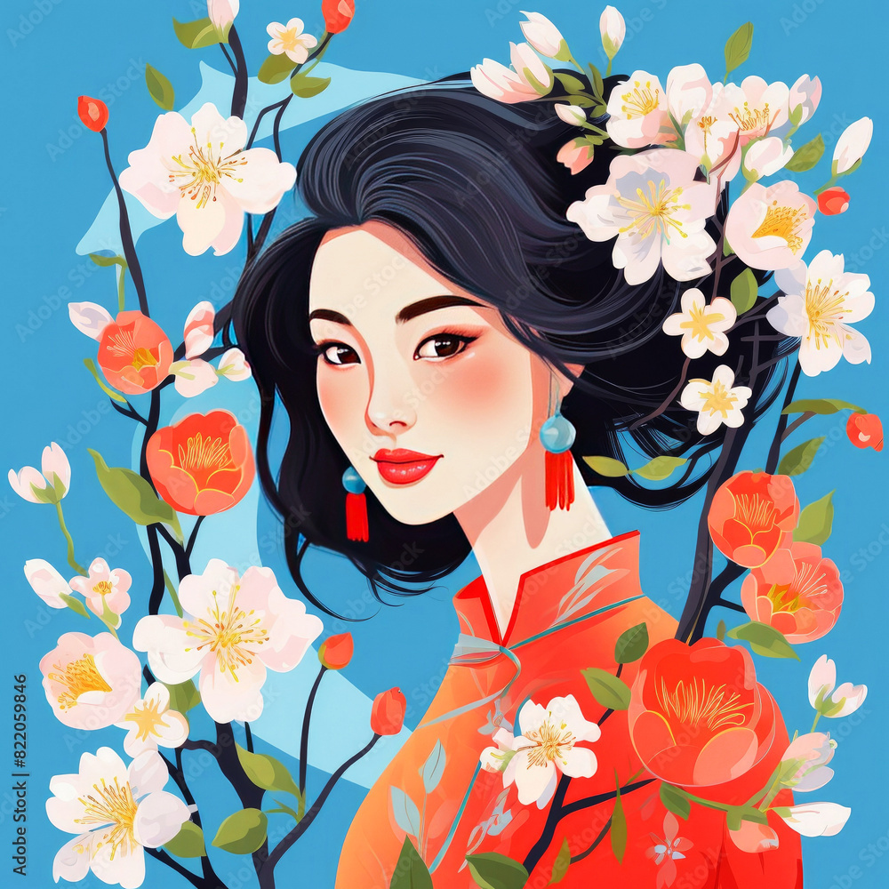Beautiful Asian girl with cherry blossoms on a blue background Beautiful Asian girl with cherry blossoms on a blue background
