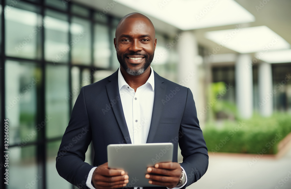 Confident African American businessman holding digital tablet computer standing in the office Confident African American businessman holding digital tablet computer standing in the office