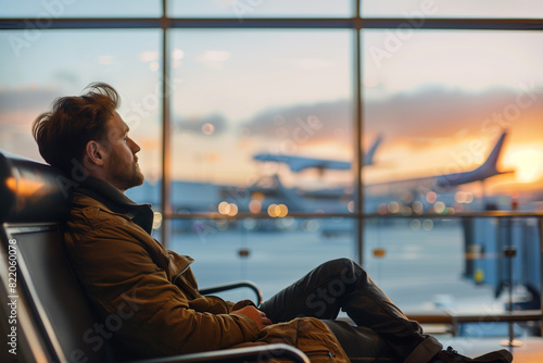Young man sitting in the airport lounge zone, waiting for boarding, looking at the airplanes outside