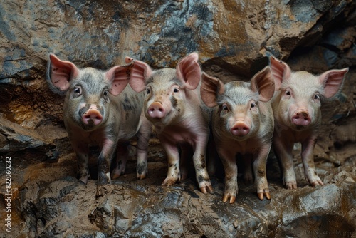 A group of pigs standing together. Suitable for agricultural or animal-related themes