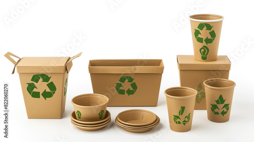 Disposable packaging for fast food with a recycling sign. Dishes made of biodegradable cardboard and paper isolated on a white background. Zero waste concept