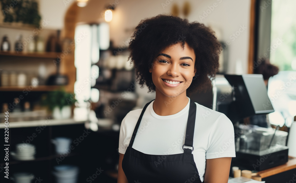 Happy smiling African woman barista, coffee house or cafe worker, young waiter in coffee shop Happy smiling African woman barista, coffee house or cafe worker, young waiter in coffee shop
