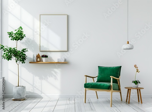 Modern living room interior with green armchair  white wall and painting on it  shelf with decor elements and small tree in pot near the chair  copy space for text stock photo contest winner 