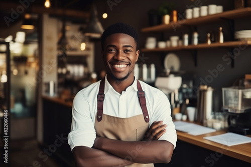 Portrait happy smiling African man barista  coffee house or cafe worker  young waiter in coffee shop