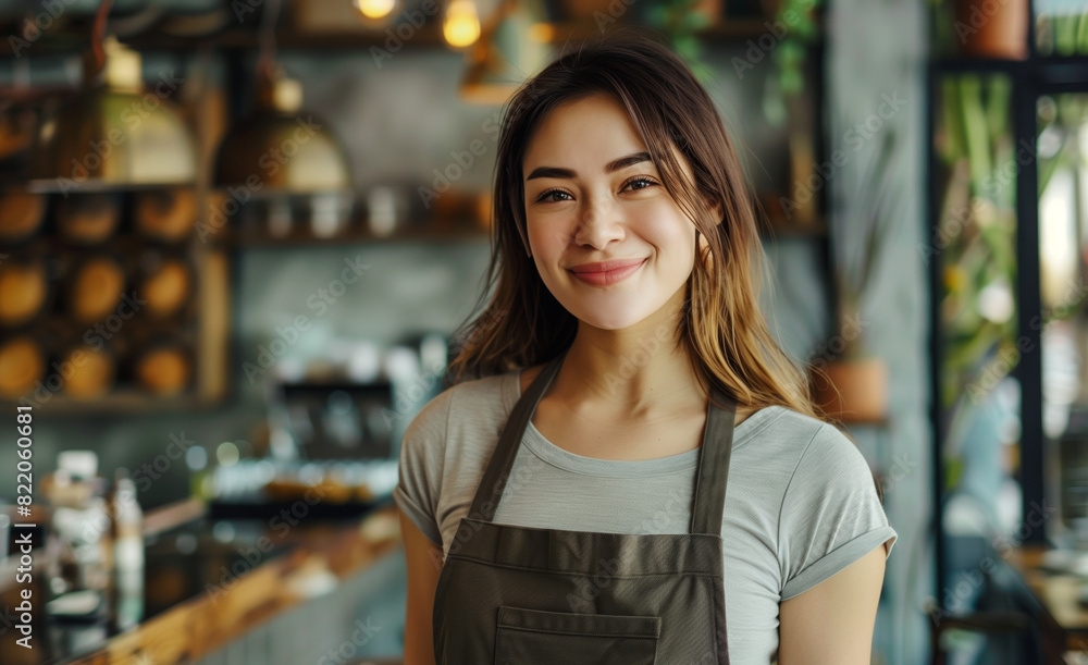 Portrait of happy smiling woman barista, coffee house or cafe worker, young waiter in coffee shop Portrait of happy smiling woman barista, coffee house or cafe worker, young waiter in coffee shop