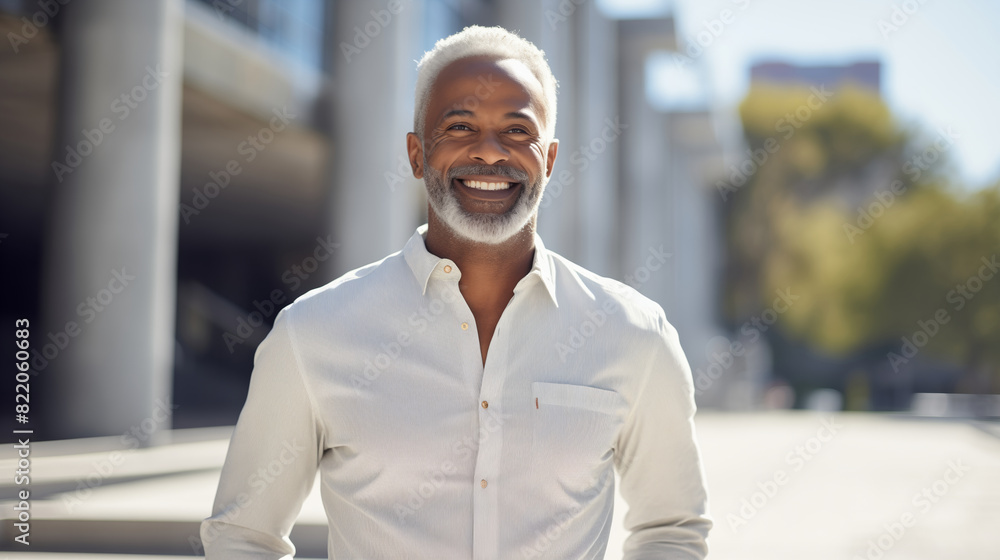 Obraz premium Confident happy smiling mature African businessman standing in the city, looking at camera
