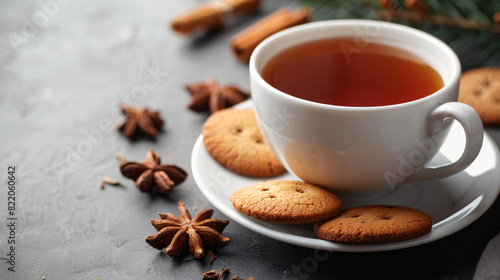 Cup of aromatic tea and tasty cookies on grey table
