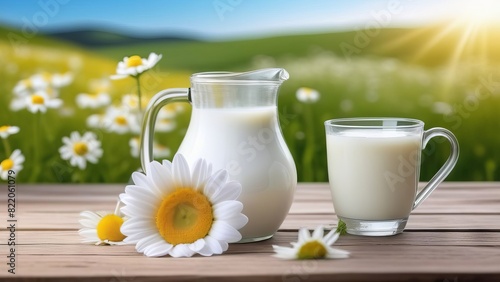Jug and glass of milk on wooden table against the backdrop of meadow with daisies