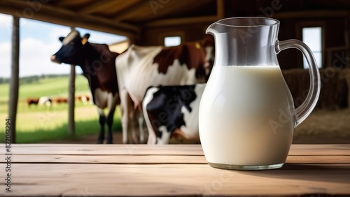 Jug of milk on wooden table against the background of cows