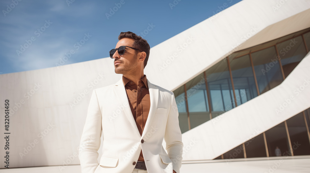 Fashionable successful stylish man in business suit, minimalism design architecture modern building Fashionable successful stylish man in business suit, minimalism design architecture modern building