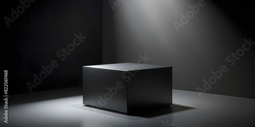 Black podium or pedestal display on dark background with cube platform