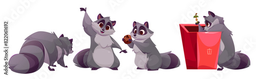 Racoon cartoon character in different poses and face emotions. Comic wild animal mascot with various expressions - searching food in trash can, waving hand, standing with back, sitting with cookie