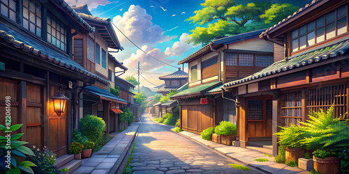 Beautiful Japanese, Asian streets. Digital painting, manga-anime style. illustration of an empty village, town