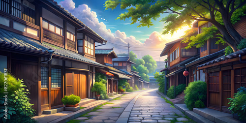 Beautiful Japanese, Asian streets. Digital painting, manga-anime style. illustration of an empty village, town