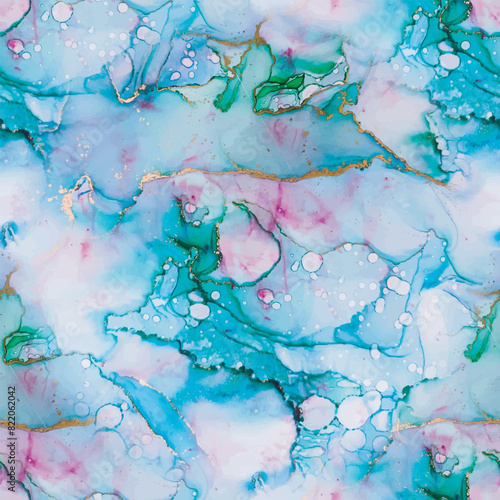 Blue Oriental Watercolor. Vector Seamless Pattern. Bronze Alcohol Ink. Ink Vector Canvas. Modern Abstract Painting. Marble Water Color. Pink Ink Paint. Gold Marble Background. Green White Watercolor.