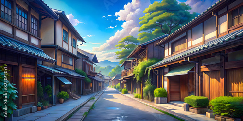 Beautiful Japanese, Asian streets. Digital painting, manga-anime style. illustration of an empty village, town