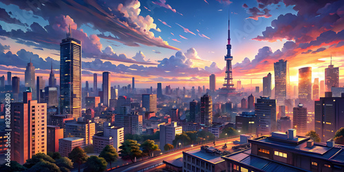 Beautiful anime-style illustration of a city skyline at twilight