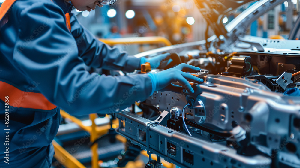 Assembly line worker installing electric drive systems into vehicle chassis. Assembly line worker installing electric drive systems into vehicle chassis.
