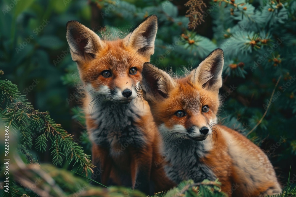 Fototapeta premium A couple of foxes sitting in a lush green forest. Suitable for nature and wildlife themes