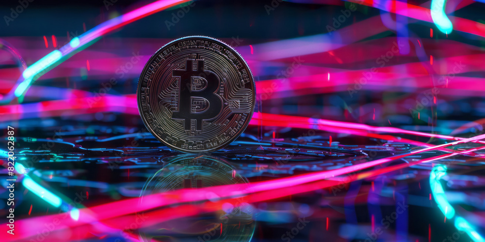 A colorful bitcoin against a black background, surrounded by glowing lines. A colorful bitcoin against a black background, surrounded by glowing lines.