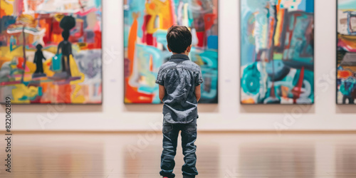 A little boy stands in an art gallery, looking at colorful paintings hanging on the wall behind him, dressed in jeans and sneakers, with his back to the camera.