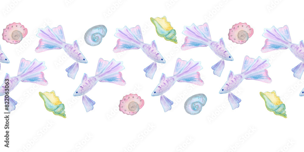 purple aquarium fish and different shells horizontal border watercolor illustration isolated on white background base for textile design, stickers, cards, banners.