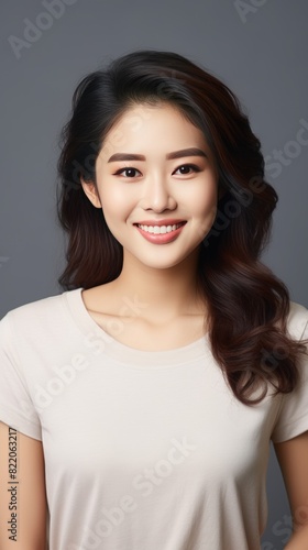 Gray background Happy Asian Woman Portrait of young beautiful Smiling Woman good mood Isolated on Background Skin Care Face Beauty Product Banner with copyspace 