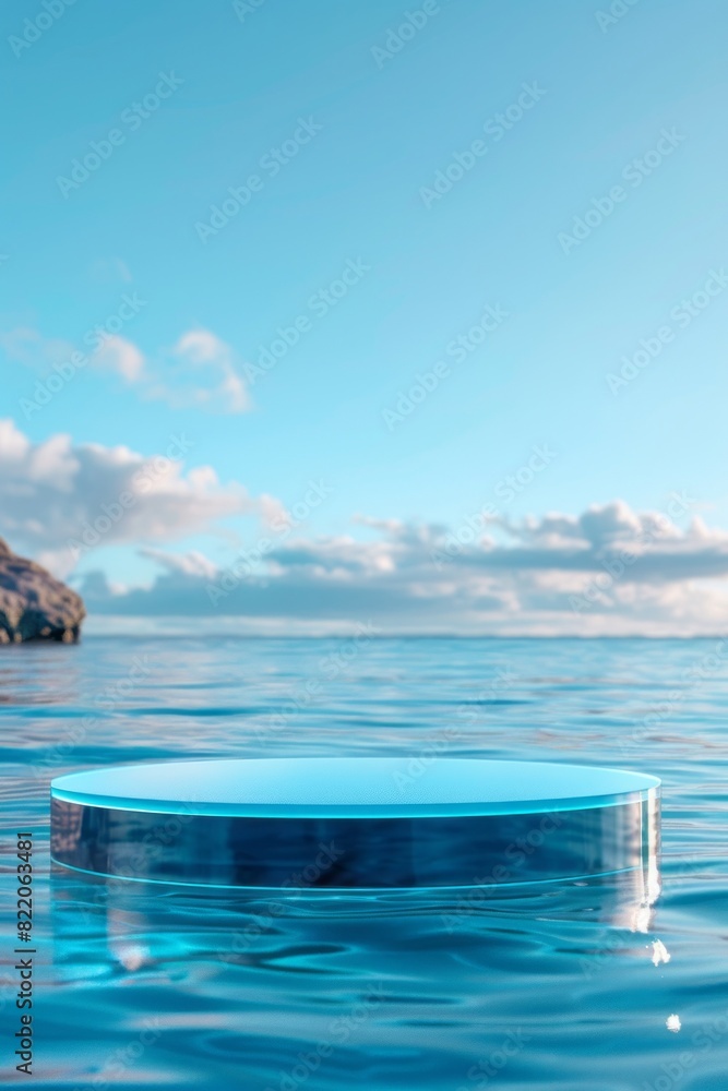 A glass podium floats on the water against a backdrop of clear sky and calm sea.