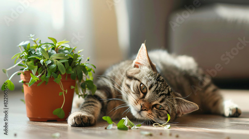 Cute cat and broken flower pot with cineraria plant on photo