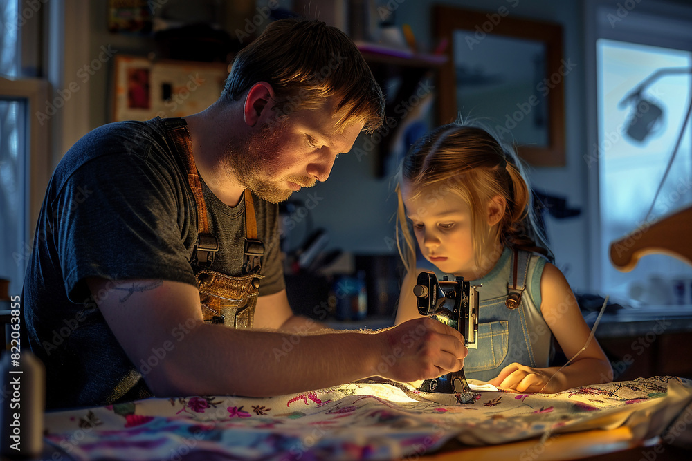 Fototapeta premium He helps his daughter learn how to sew.