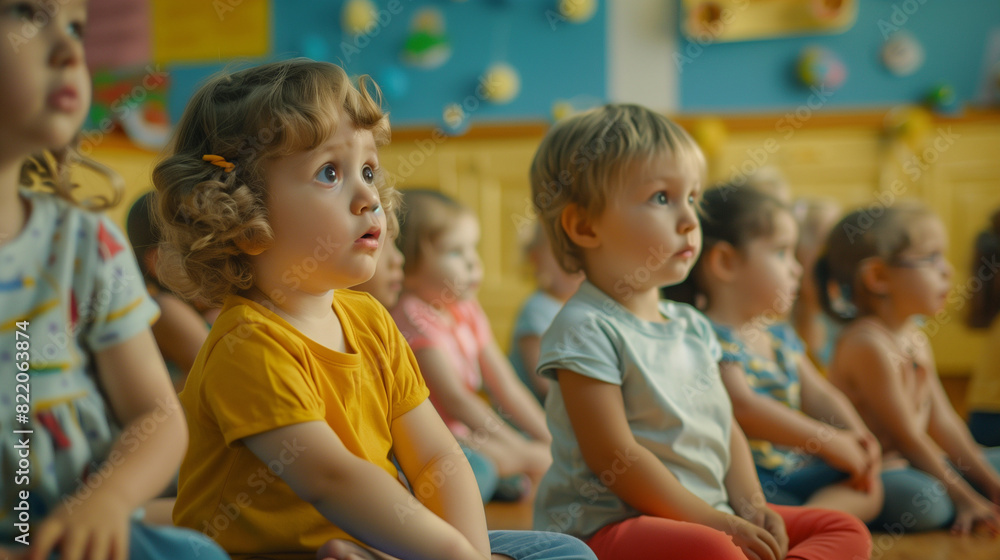 Group of small nursery school children sitting and listening to teacher on floor indoors in classroom. Group of small nursery school children sitting and listening to teacher on floor indoors in classroom.