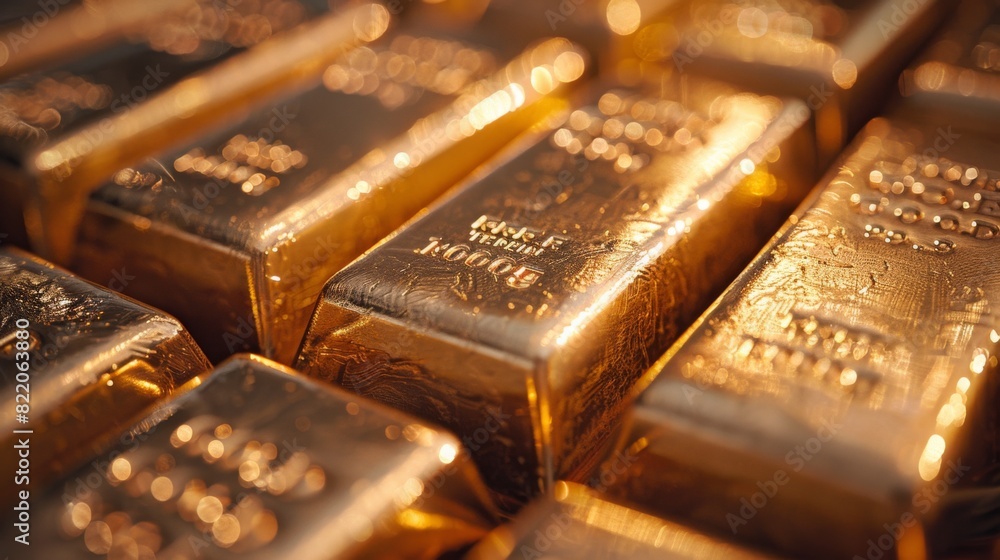Close-up of gold bars with engraved serial numbers, placed on a polished surface Close-up of gold bars with engraved serial numbers, placed on a polished surface