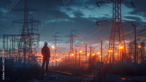 Electrical substation engineer inspect modern high-voltage equipment.