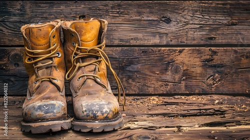 Pair of well-worn work boots resting on a warm wooden background, love care support father day and parenthood concept