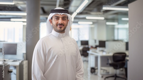 Professional Middle Eastern Man in Traditional Attire in a Modern Office Setting for Corporate and Business Use