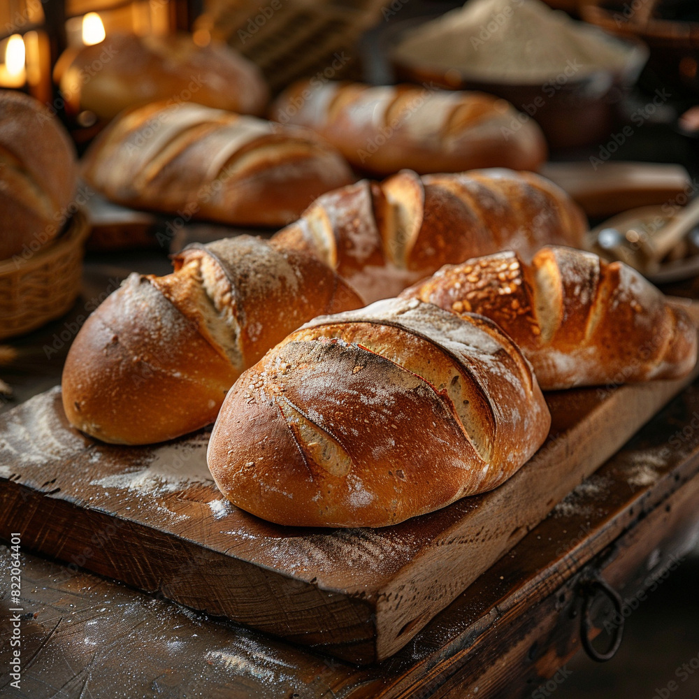 Freshly baked bread according to traditional recipes on a wooden board in a cozy bakery, generative ai Freshly baked bread according to traditional recipes on a wooden board in a cozy bakery, generative ai