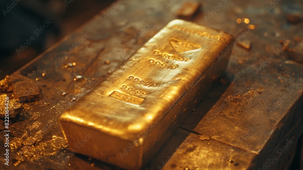 Detailed view of a gold bar with its weight and purity engraved, placed on a table in a treasury Detailed view of a gold bar with its weight and purity engraved, placed on a table in a treasury