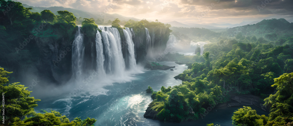 Majestic waterfall landscape with multiple cascading falls, lush green islands, misty atmosphere, and dramatic clouds, creating a serene and breathtaking natural paradise Wallpaper Digital Art Poster Majestic waterfall landscape with multiple cascading falls, lush green islands, misty atmosphere, and dramatic clouds, creating a serene and breathtaking natural paradise Wallpaper Digital Art Poster
