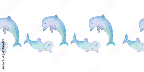 two dolphins with smile emotion horizontal border watercolor illustration isolated on white background base for textile design  stickers  cards  banners.