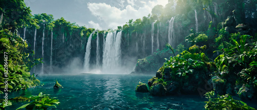 Majestic waterfall landscape with multiple cascading falls  lush green islands  misty atmosphere  and dramatic clouds  creating a serene and breathtaking natural paradise Wallpaper Digital Art Poster 