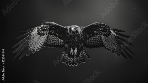 A stunning black and white image of a hawk soaring through the sky. Perfect for nature and wildlife enthusiasts
