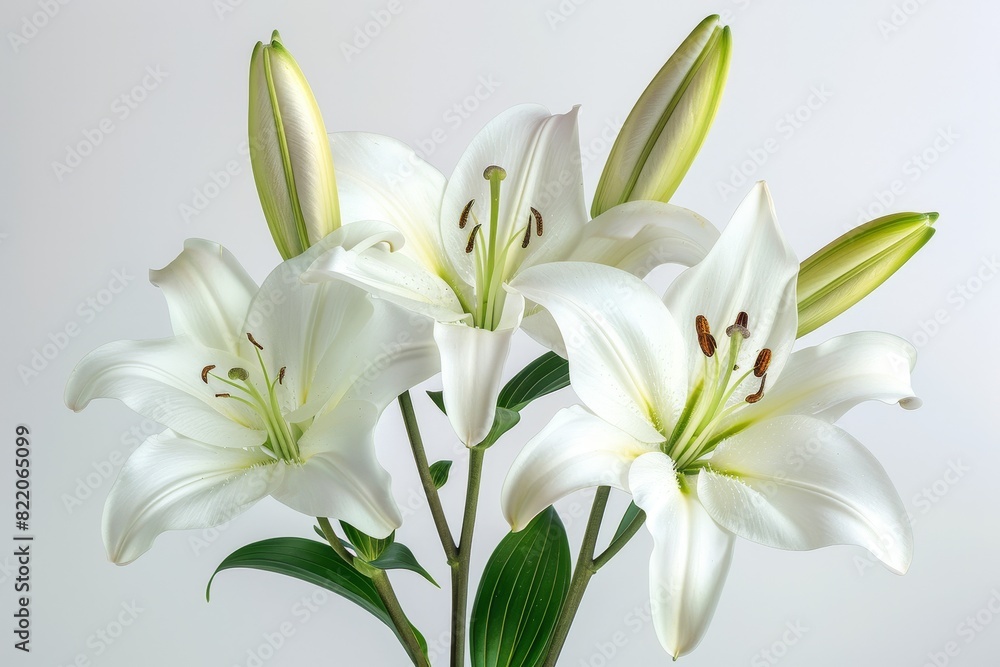 Realistic photograph of a complete Lilies,solid stark white background, focused lighting Realistic photograph of a complete Lilies,solid stark white background, focused lighting