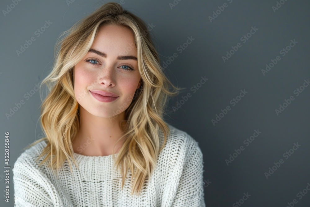Portrait of beautiful young blonde woman looking at camera over gray background. Portrait of beautiful young blonde woman looking at camera over gray background.