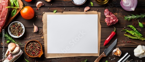 The photo shows a variety of ingredients on a wooden table. There is a blank recipe book in the center.