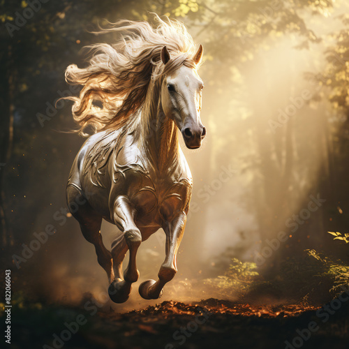 Golden unicorn gallops through a mystical forest with a shimmering mane, surrounded by ancient trees. Solid white background with focused lighting.
