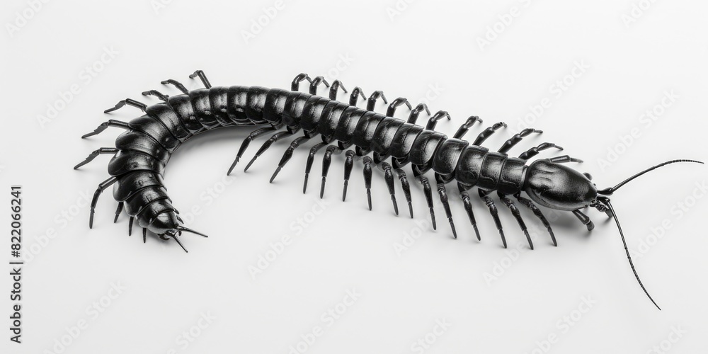 A black centipede resting on a white surface, suitable for educational materials A black centipede resting on a white surface, suitable for educational materials