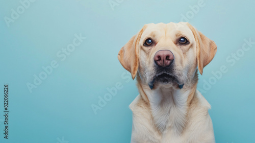 Cute Labrador Retriever dog on light blue background s